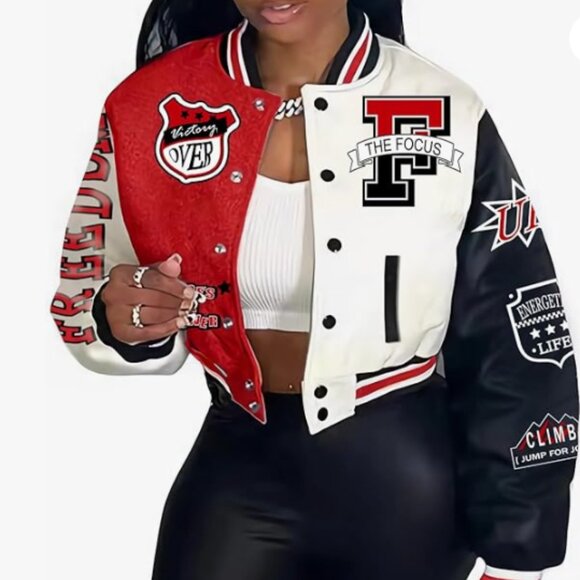 Women's Varsity Jacket Print Cropped Color Block Jacket 2024 Unisex - Picture 5 of 7